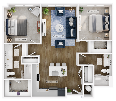 a 2 bedroom floor plan with a bathroom and a living room